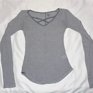 Gray and white striped SO long sleeve shirt. Size extra small.